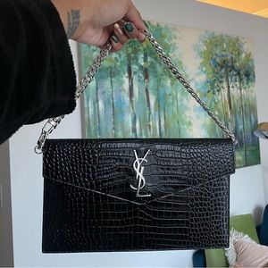 YSL Saint Laurent Uptown Envelope Pouch/Clutch in Black Croc Shiny Leather
